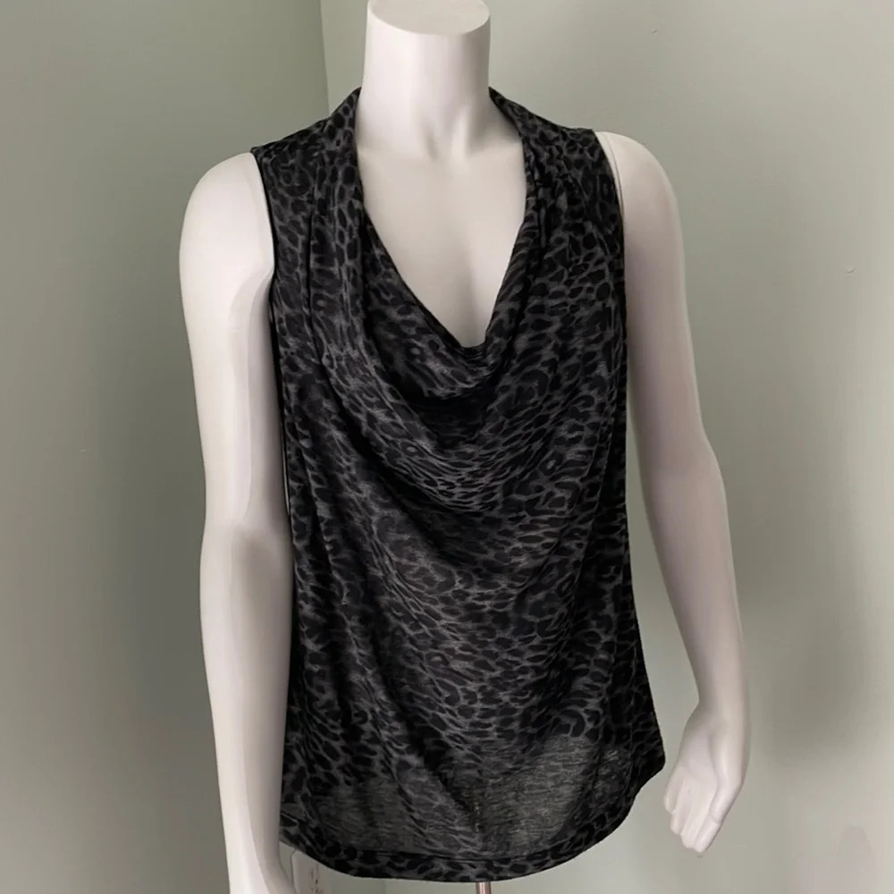 Theory Black & Gray Leopard Print Cowl Neck Tank Mobwife